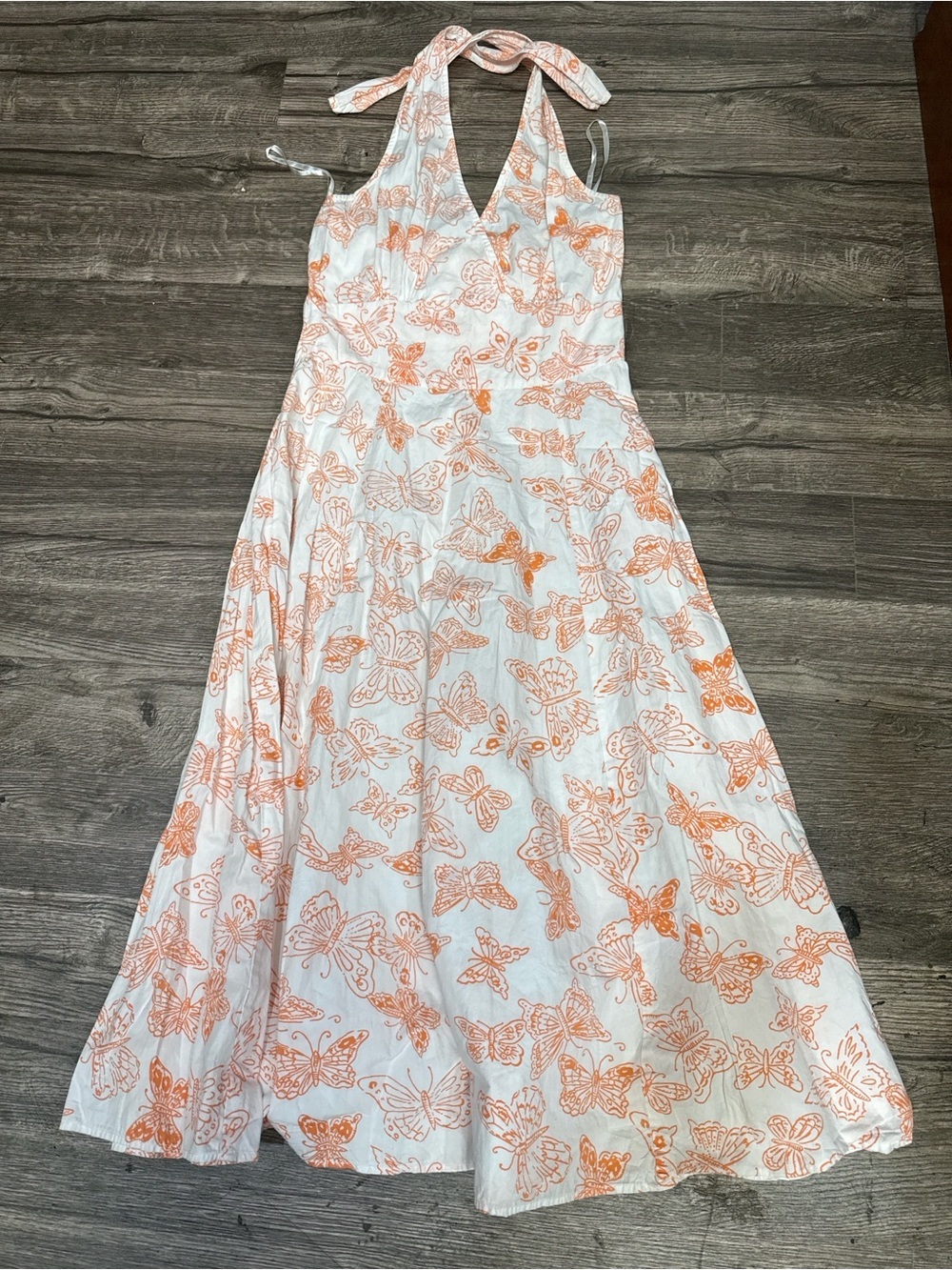 Together Butterfly Print Halter Maxi Dress White Orange Boho Cottagecore - Picture 2 of 6